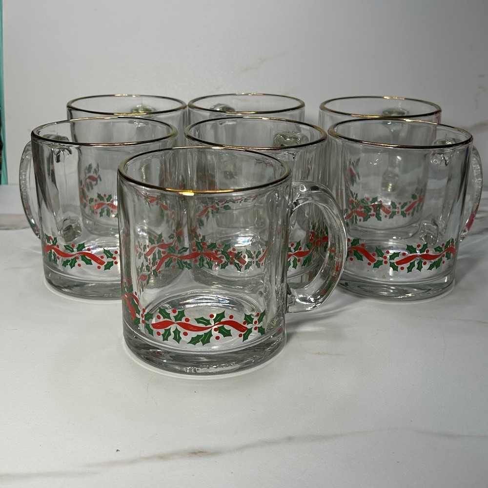 Vintage Christmas Glass Mugs Set of 7 Holly Berry Red Ribbon Gold Rim USA Made